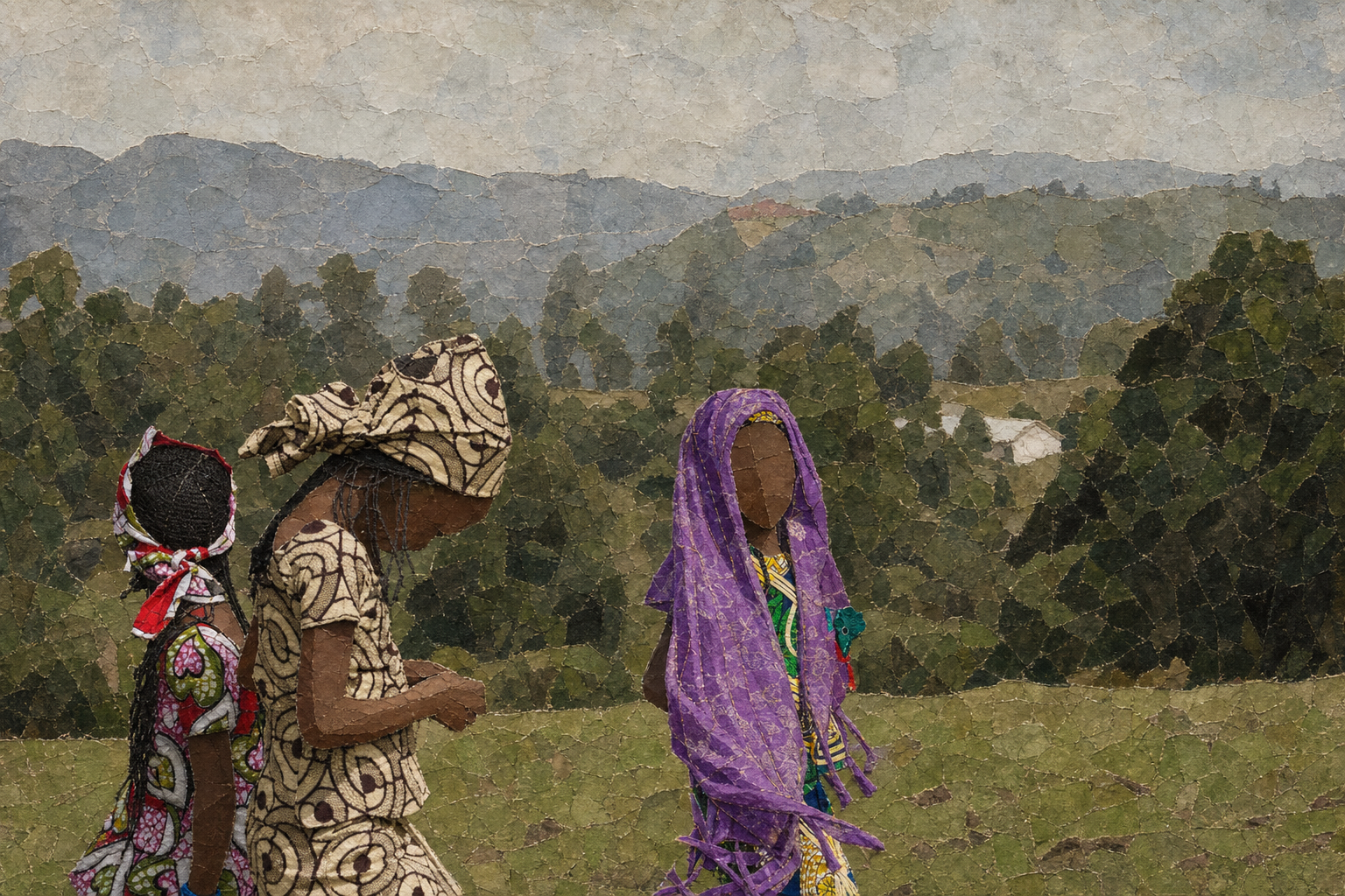 AI art reimagining figures crossing a hillside